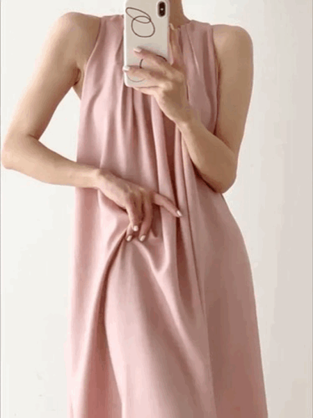 샤벳 핑크 플리츠 드레스